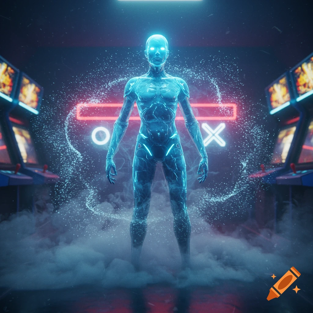 A glowing, translucent blue phantom figure stands in a neon-lit arcade with glowing O and X symbols in the background, amidst swirling particles and smoke.