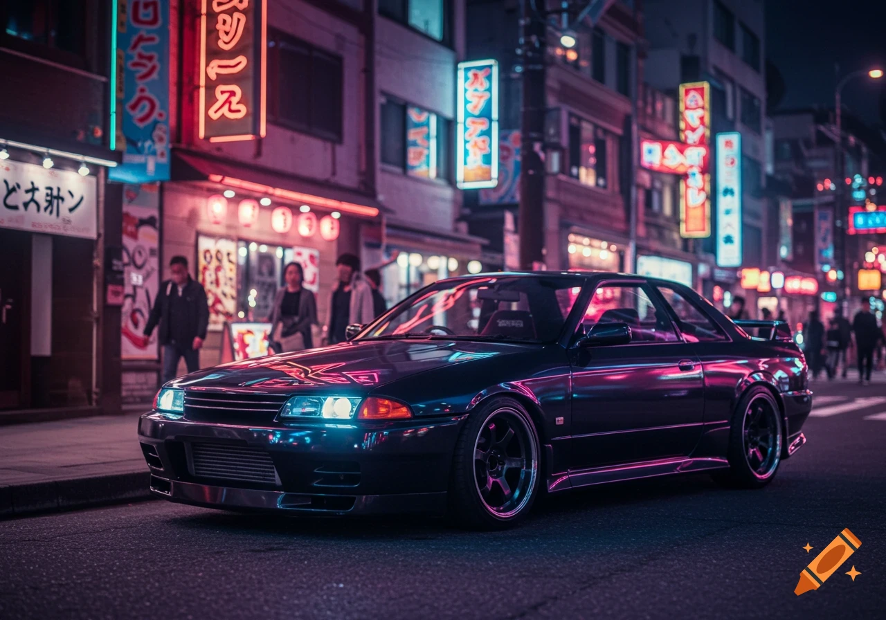 A dark blue Nissan Skyline R32 GTR parked on a city street at night, with vibrant neon signs glowing in the background.