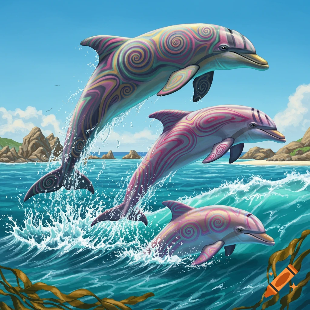 Three stylized, colorful dolphins with spiral patterns leap from ocean waves near a rocky coast under a blue sky.