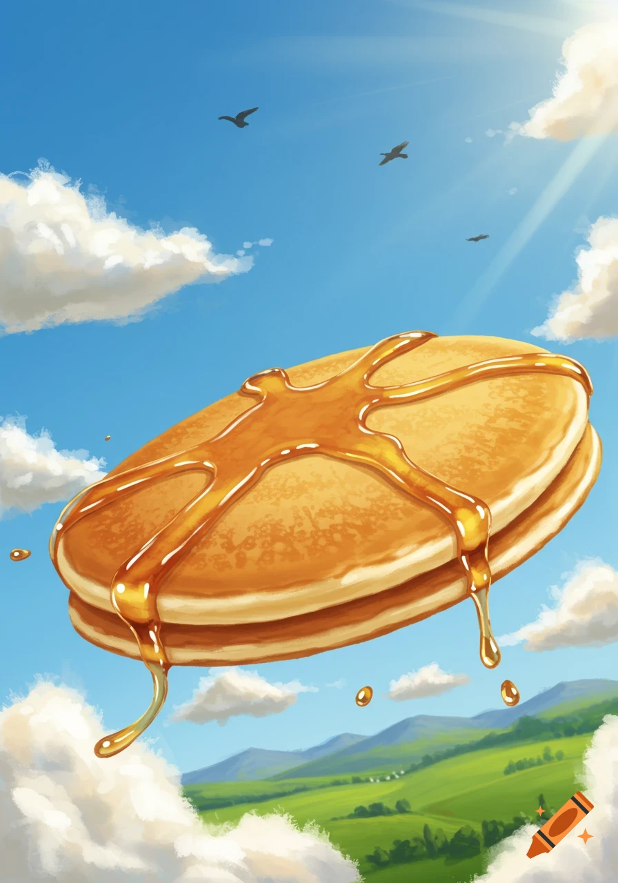 A stack of honey-drenched pancakes floats in a bright blue sky above green hills, with birds flying.