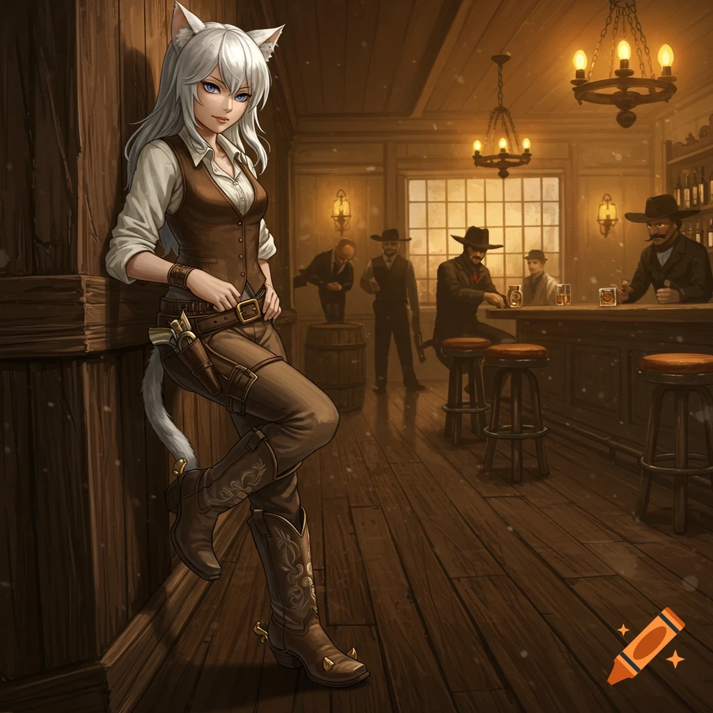 An anime catgirl with white hair leans against a wooden wall in a rustic old west saloon, with men in the background.