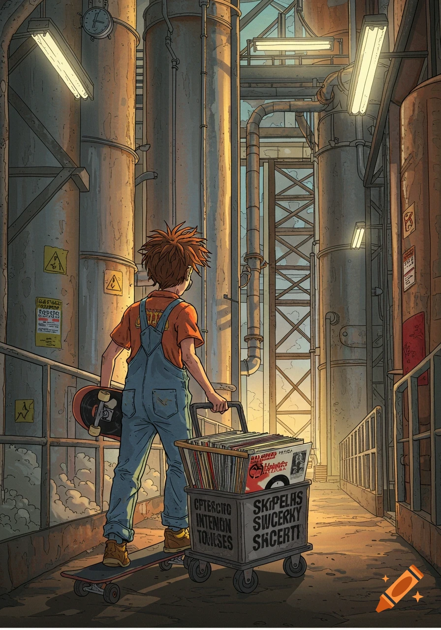 A boy in an orange shirt and blue overalls pushes a cart of vinyl records on a skateboard through an industrial factory at sunset.