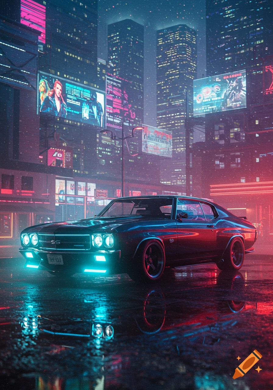 A black 1970 Chevrolet Chevelle SS with neon blue lights parked on a wet street in a futuristic cyberpunk city at night.