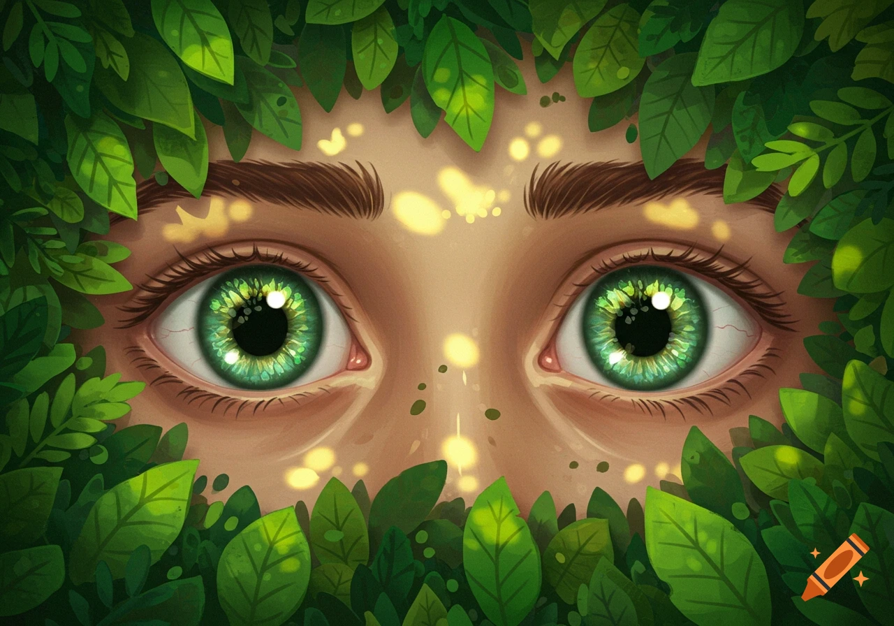 Close-up illustration of vibrant green eyes peering through lush dark green leaves with sun rays filtering through.