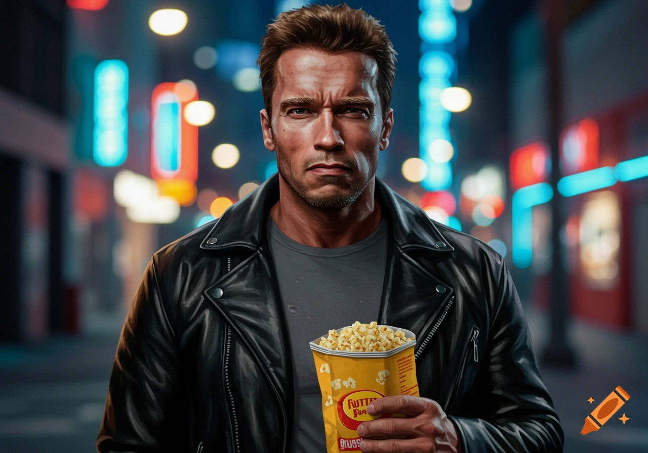 A man resembling Arnold Schwarzenegger in a leather jacket holds a bag of popcorn in a neon-lit city street.