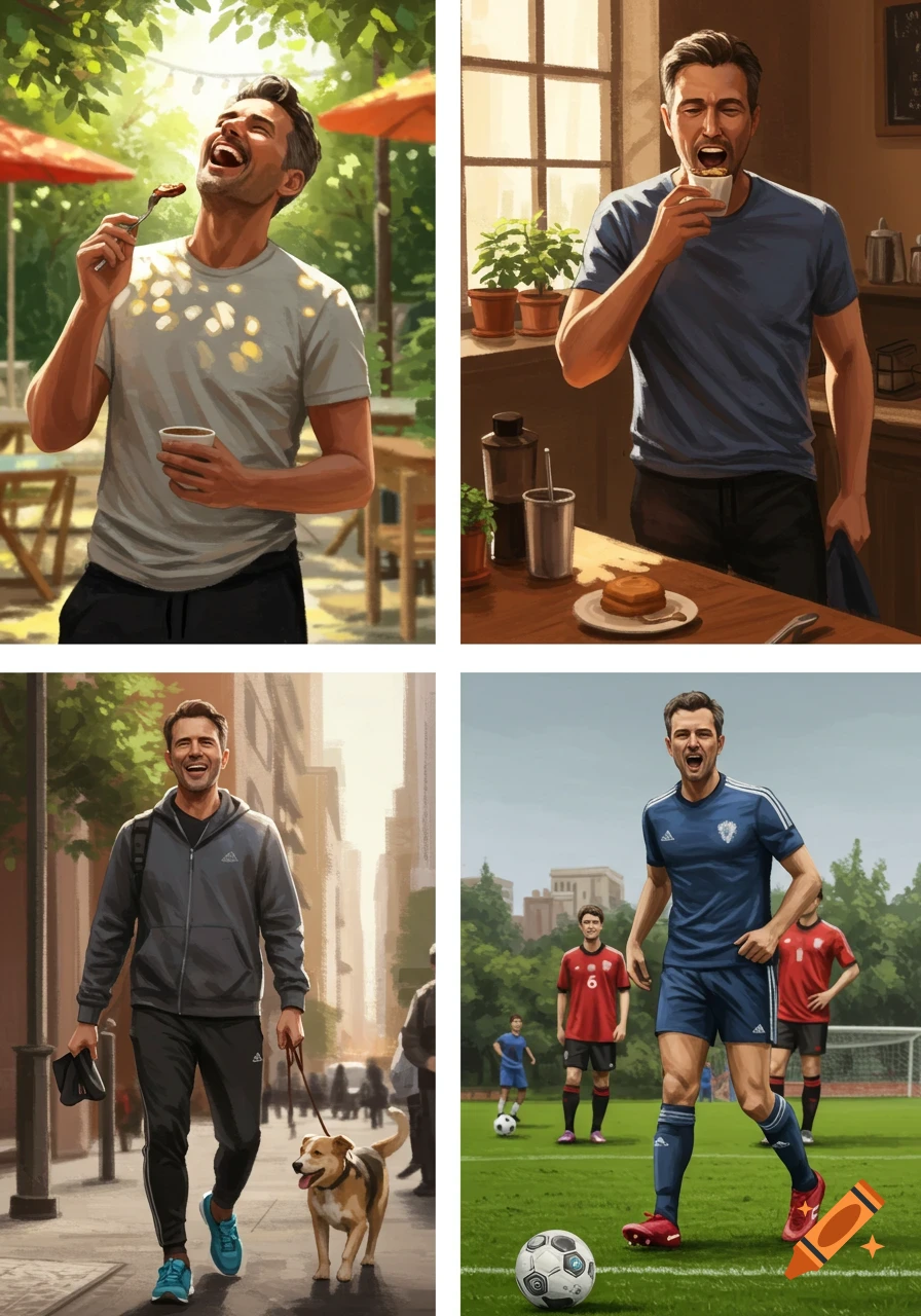 Four images of a man: laughing outdoors, drinking coffee indoors, walking a dog in a city, and playing soccer on a field.