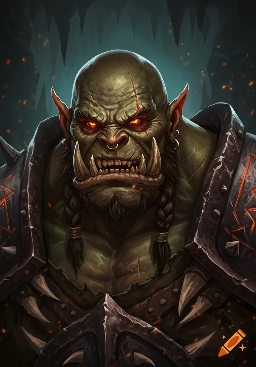 Close-up portrait illustration of an angry green orc with red glowing eyes, tusks, scars, and dark armor.