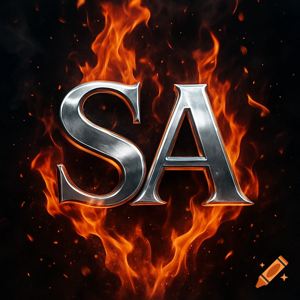Bold metallic letters 'SA' surrounded by vibrant flames on a dark background.