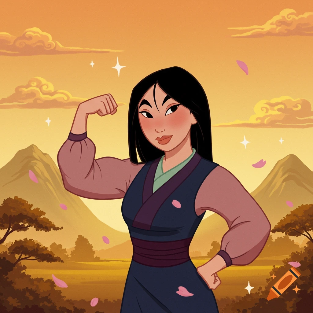Cartoon Mulan, in traditional attire, flexes her bicep with one hand on her hip against a sunset mountain landscape with pink petals.