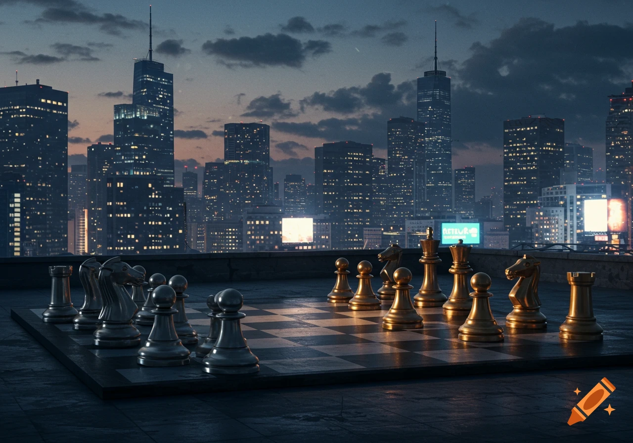 A chessboard with silver and gold pieces on a rooftop at dusk, overlooking a city skyline with illuminated buildings.