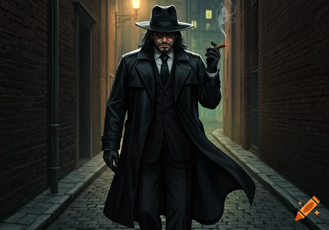 A man in a black trench coat, suit, and fedora walks down a dark, brick alley, smoking a cigar.
