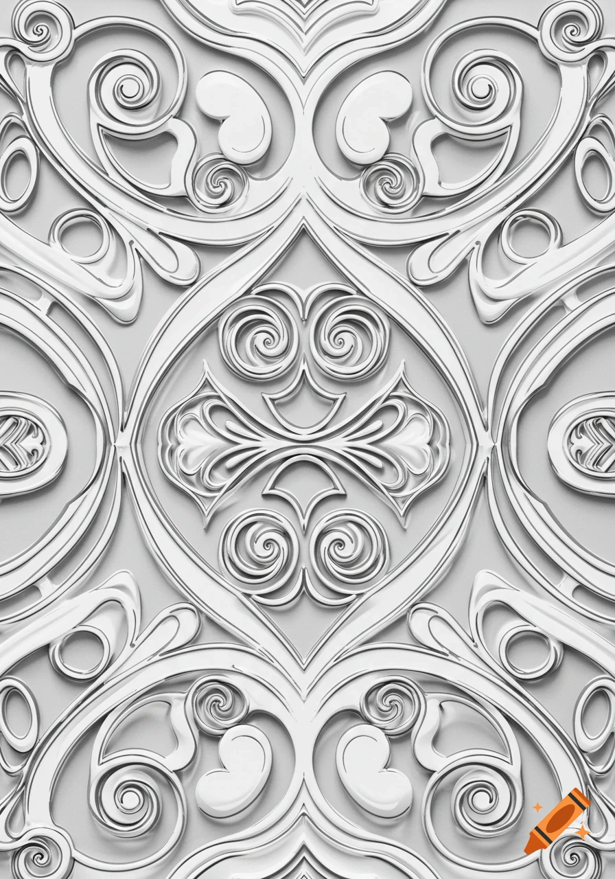 Intricate symmetrical embossed pattern in shades of white and gray.