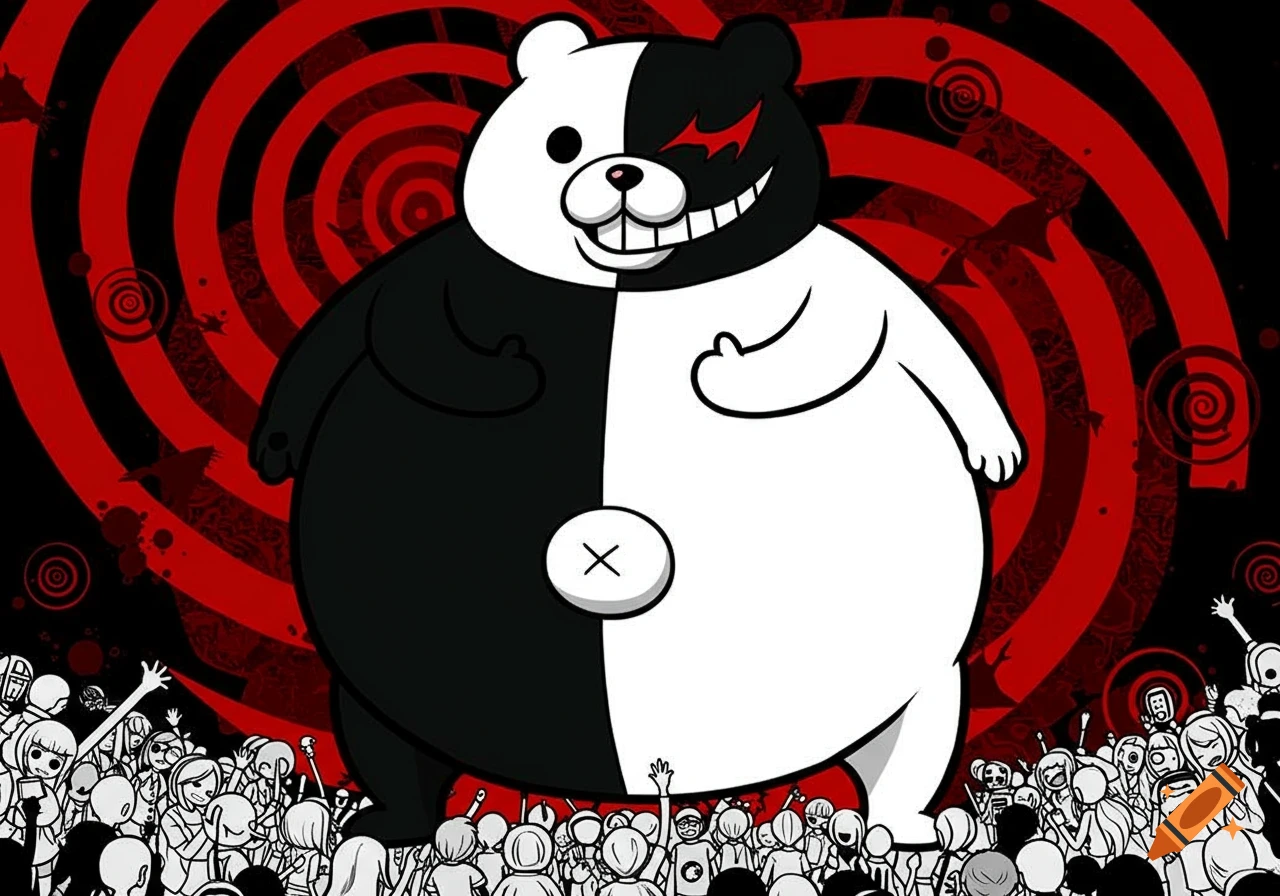 A giant, fat Monokuma character from Danganronpa, half black and half white with a menacing smile, stands over a crowd of stylized people against a red and black spiral background in an anime style.