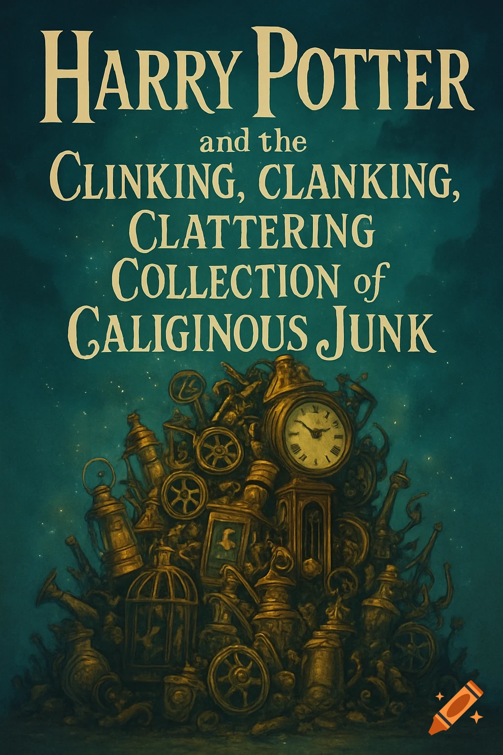 A book cover for 'Harry Potter and the Clinking, Clanking, Clattering Collection of Caliginous Junk,' featuring a pile of intricate golden mechanical junk, clocks, and lanterns against a dark teal, starry sky.