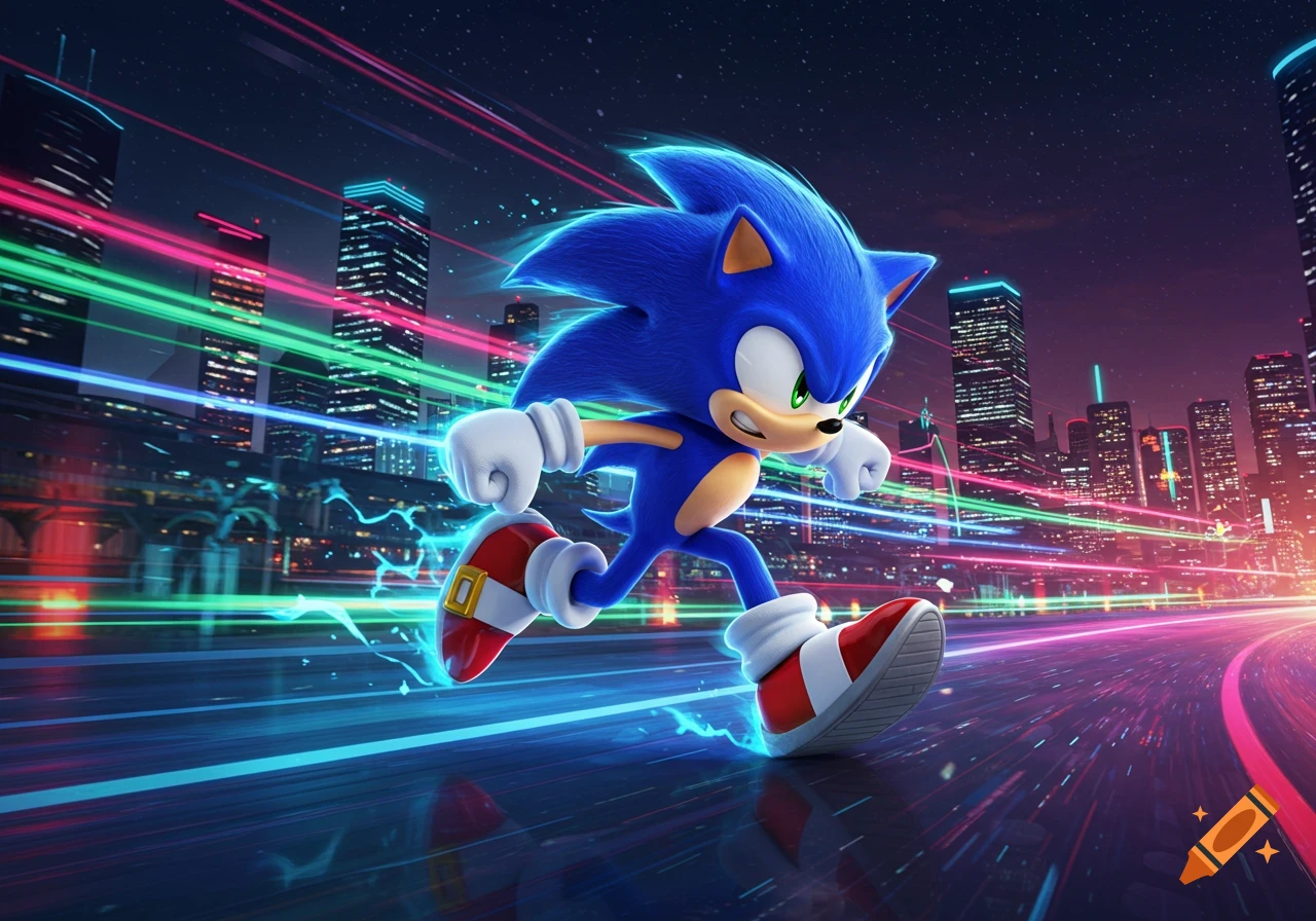 Sonic the Hedgehog runs at super speed through a futuristic city at night, leaving bright neon light trails.