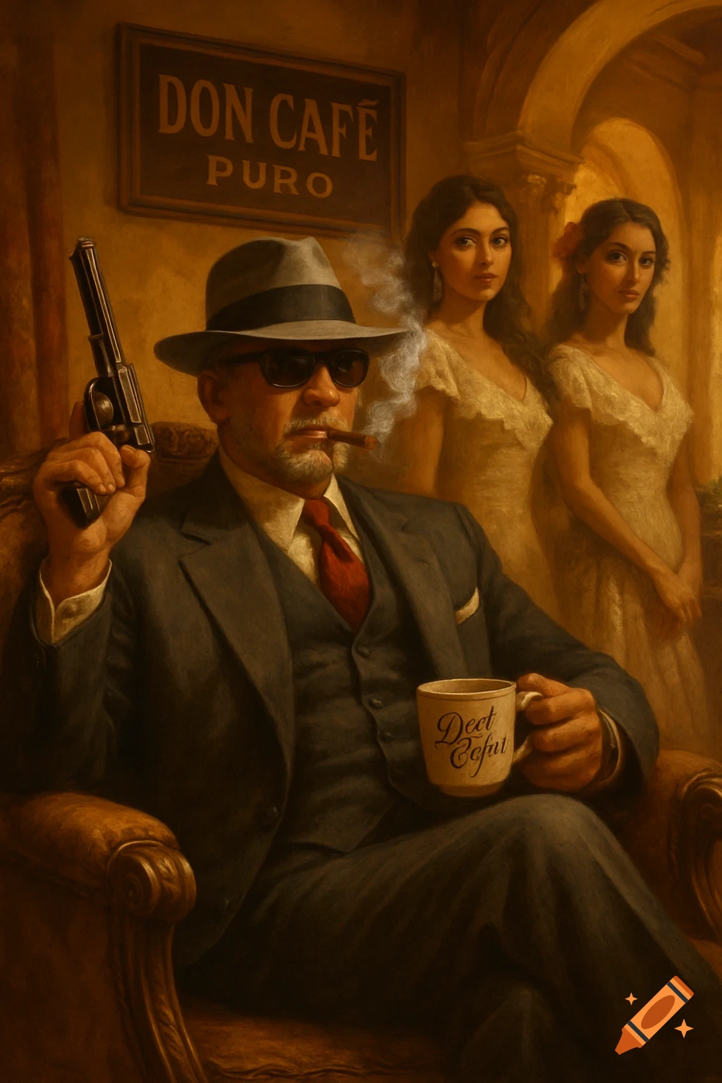 A man in a fedora and suit with sunglasses smokes a cigar, holding a gun and a coffee mug. Two women stand in the background.