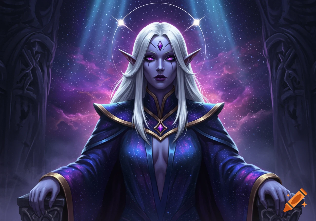 A powerful fantasy queen with white hair, purple skin, and glowing eyes, wearing a cosmic-patterned robe, against a starry galaxy background.