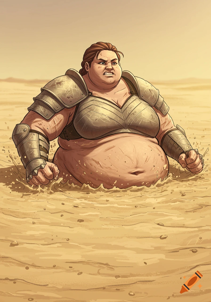 An angry, armored, curvy warrior woman struggles while sinking into quicksand in a sandy desert.