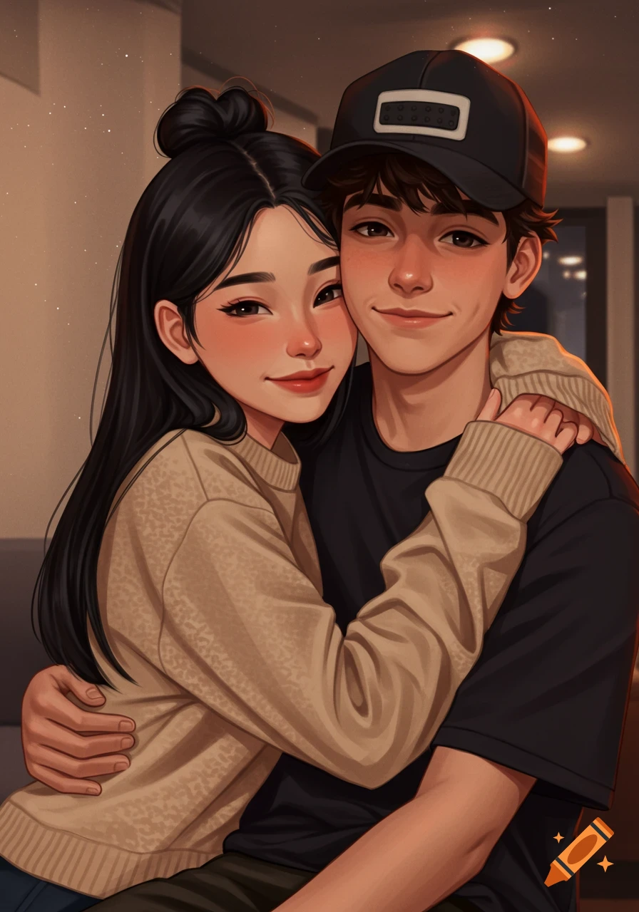 A smiling teenage girl with black hair and a boy in a baseball cap hugging in a semi-realistic digital art style.