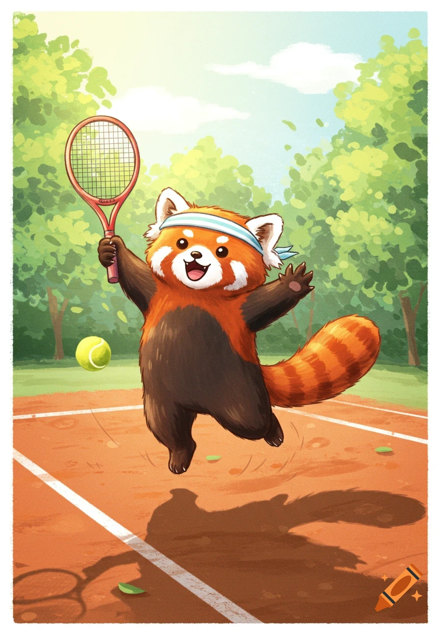 A cute illustrated red panda wearing a headband, jumping with a tennis racket on a clay court with a tennis ball nearby.