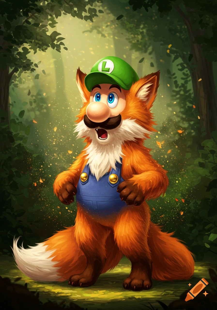 Digital art of Luigi as a fox wearing his green cap and blue overalls, standing in a magical forest.
