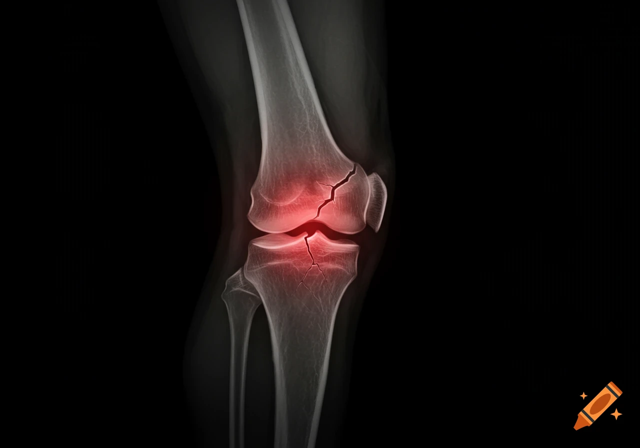 Medical X-ray showing a human knee with a prominent fracture highlighted in red.