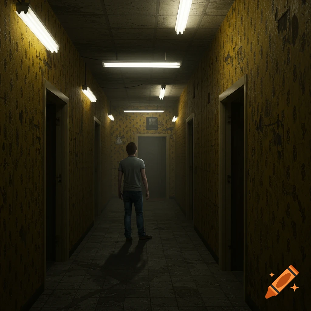 A person stands at the end of a dimly lit, long hallway with peeling yellow wallpaper and fluorescent lights, looking into the distance.
