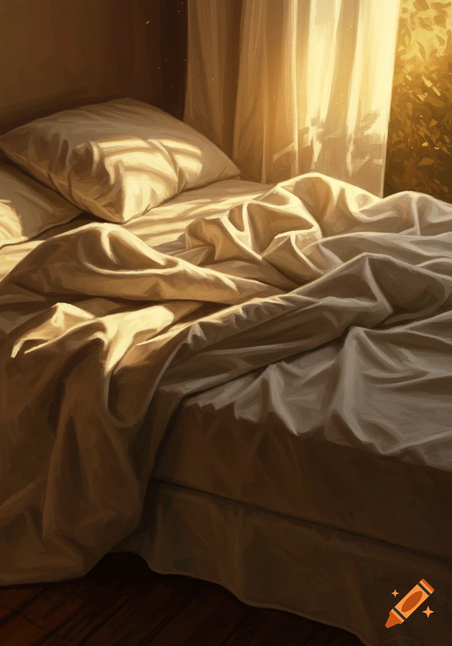 An unmade bed with crumpled beige sheets bathed in warm sunlight from a window, in a painterly style.