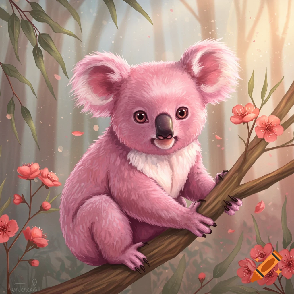 A cute pink koala sits on a tree branch among pink flowers and green leaves in a soft, sunlit forest.