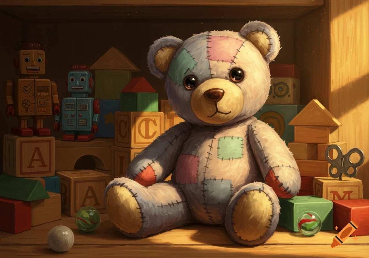 A patchwork teddy bear sits among wooden building blocks, toy robots, marbles, and a wind-up key on a shelf.