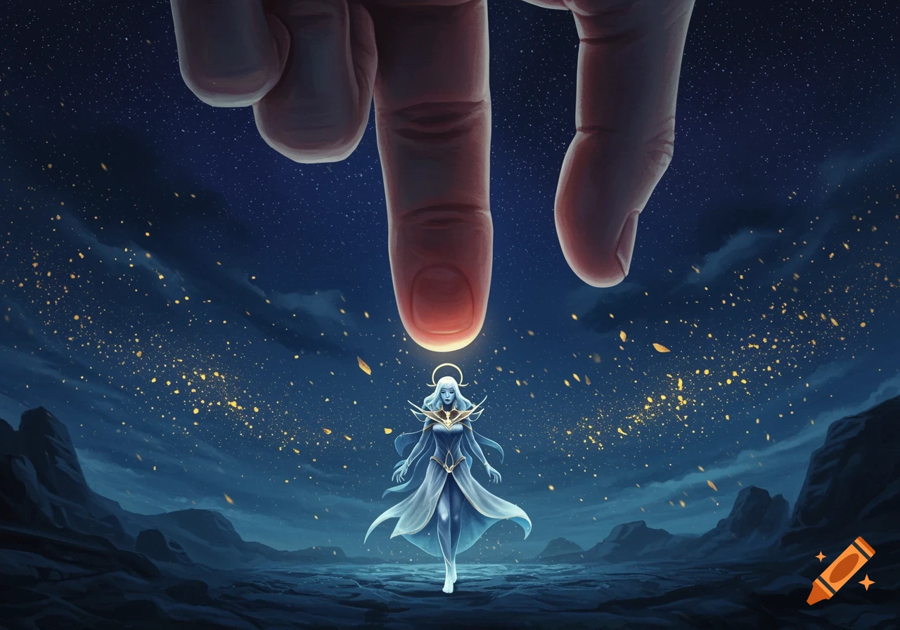 A colossal finger looms over a small, glowing, ethereal figure with a halo under a starry night sky.