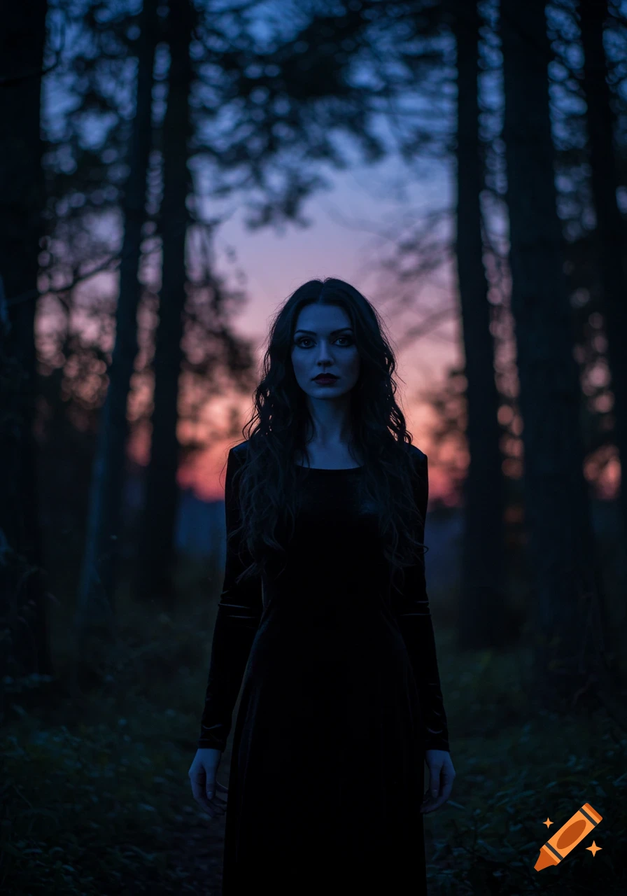 A woman with long dark hair in a black dress stands in a dark forest at dusk, with a purple and orange sky behind her.