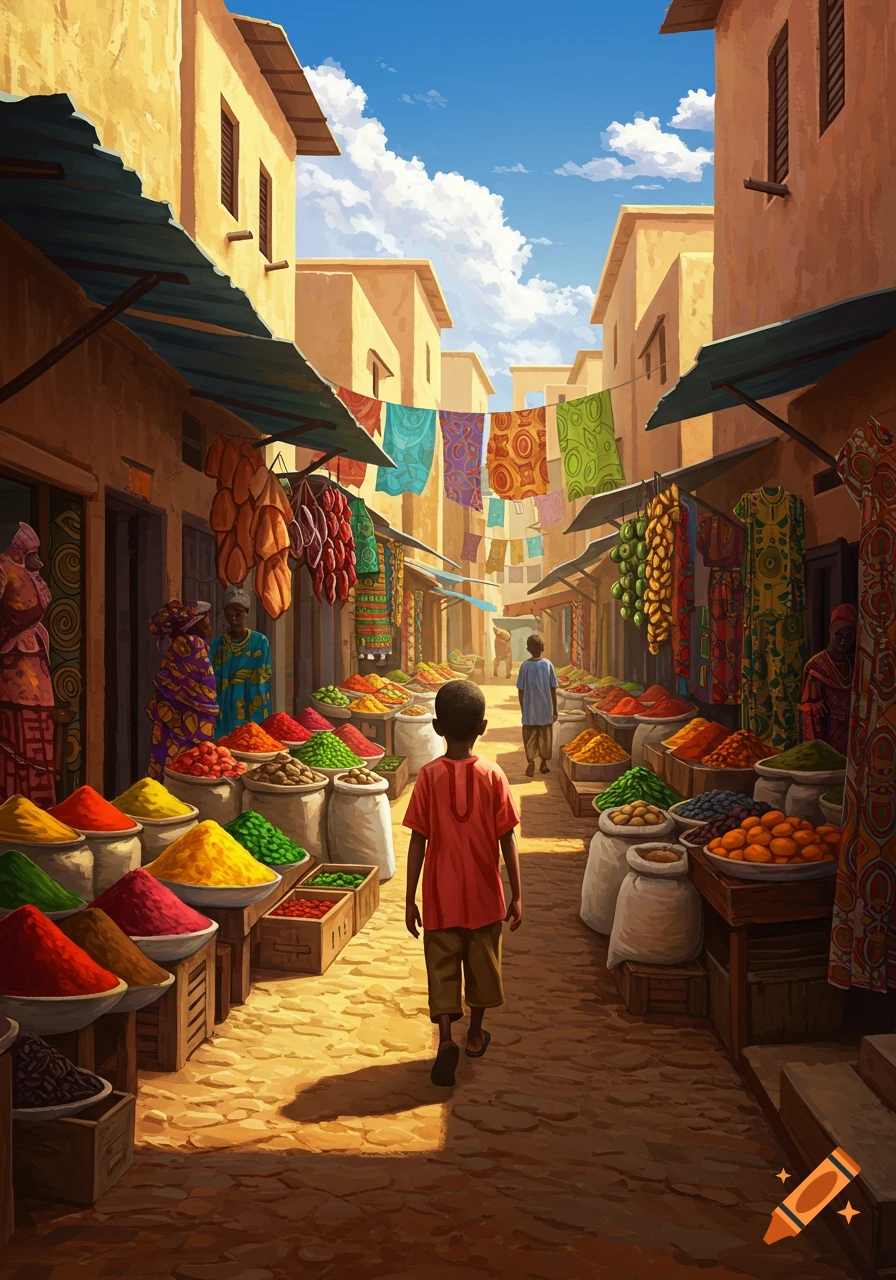 A young boy walks through a vibrant, colorful African street market with stalls piled high with spices, produce, and textiles under a clear blue sky.