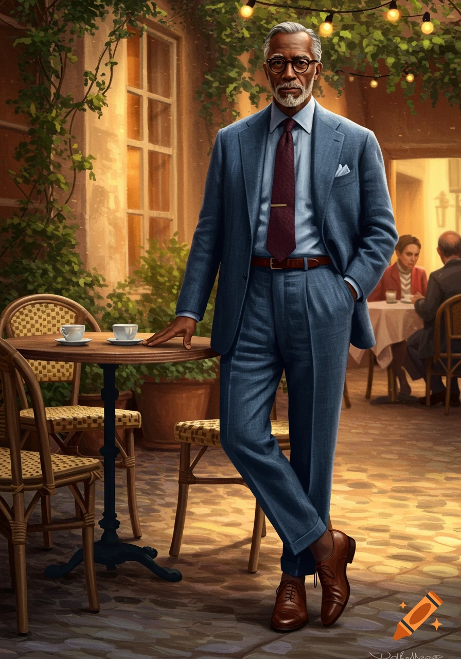 A distinguished man in a blue linen suit, pale blue shirt, and burgundy tie leans on a cafe table with coffee cups in an outdoor setting.