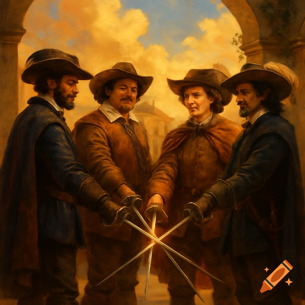 A painting of four men in historical attire, likely musketeers, holding their swords together in a central point under a dramatic sky.