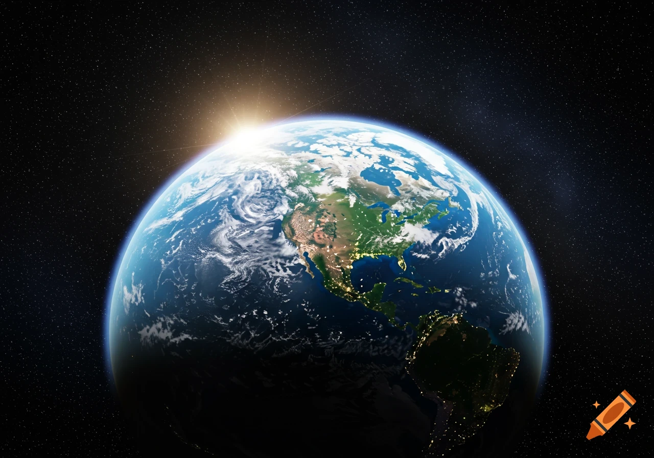 A photorealistic view of Earth from space, with the sun rising over the horizon, illuminating North and South America.