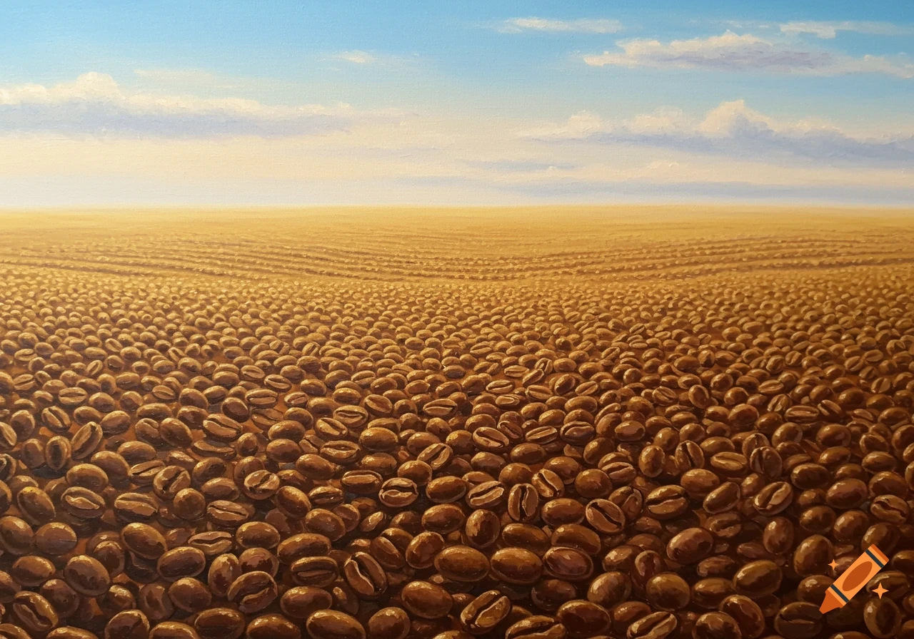 Oil painting of a vast field covered in coffee beans under a blue sky.
