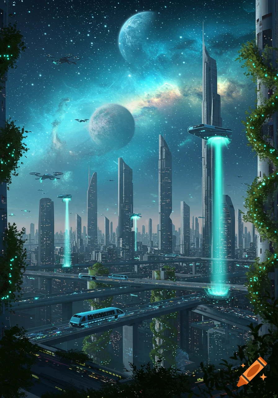 A vibrant, detailed sci-fi cityscape at night with illuminated skyscrapers, flying vehicles, and elevated trains under a starry sky with multiple planets.