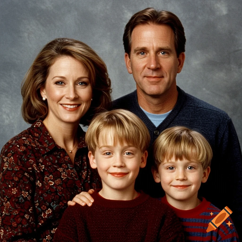 Photorealistic studio portrait of a family: a man, a woman, and two young boys, all smiling against a grey backdrop.