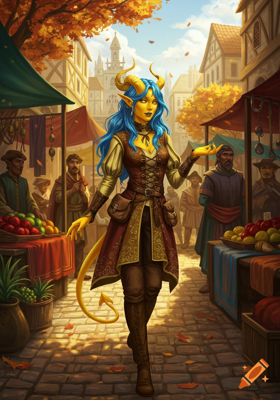 A beautiful yellow-skinned, blue-haired tiefling woman with horns and a tail walks through a bustling medieval market, digital painting.