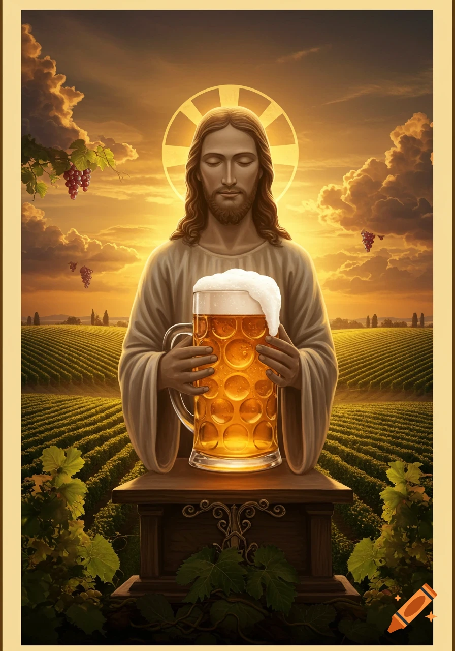 A serene depiction of Jesus, with a halo behind his head, holding a large mug of frothy beer in a vineyard at sunset.