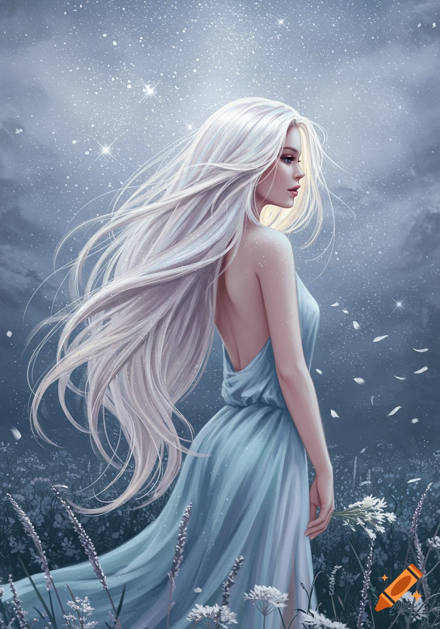 Ethereal digital art of a woman with long white hair in a blue dress, standing in a field under a starry sky.