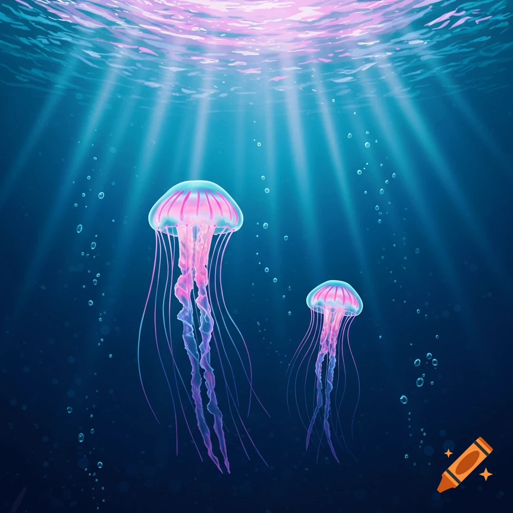 Two glowing pink and blue jellyfish swim in deep blue water with light rays from the surface.