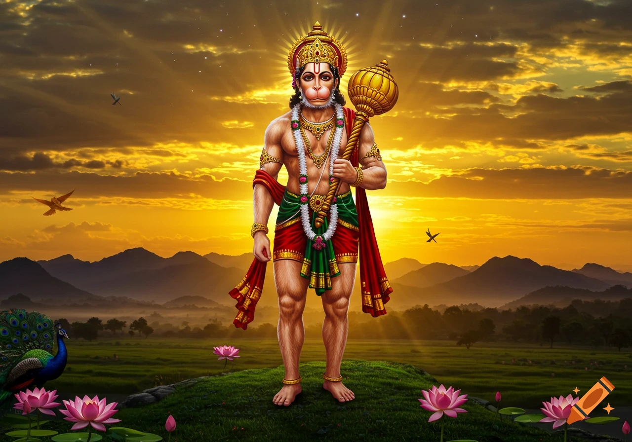 Lord Hanuman stands on a green hill holding a mace, with a peacock and lotus flowers, against a vibrant sunset over mountains.
