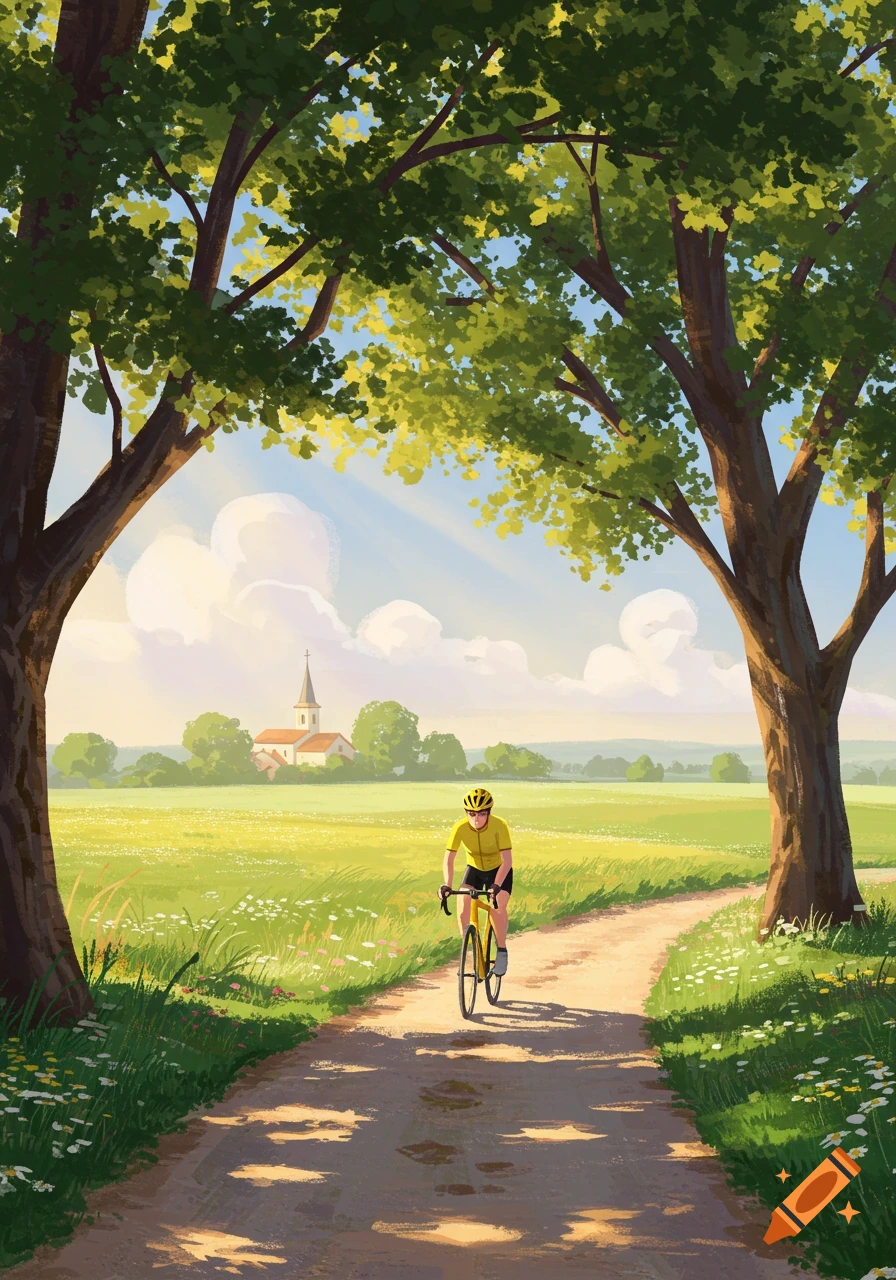 An illustrated scene of a person cycling on a dirt path through a sunny green field, framed by large trees, with a church in the distant background.