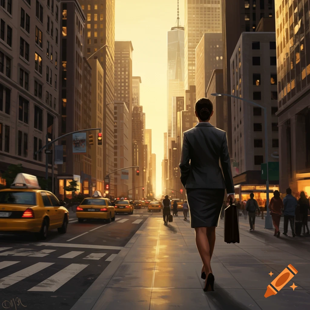 A woman in a business suit walks away down a sunny New York City street lined with skyscrapers and yellow cabs.