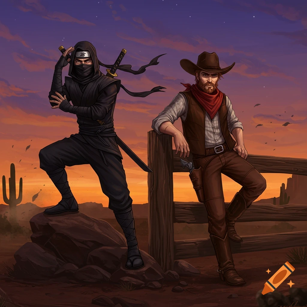 A ninja on a rock and a cowboy leaning on a fence in a desert landscape at sunset.