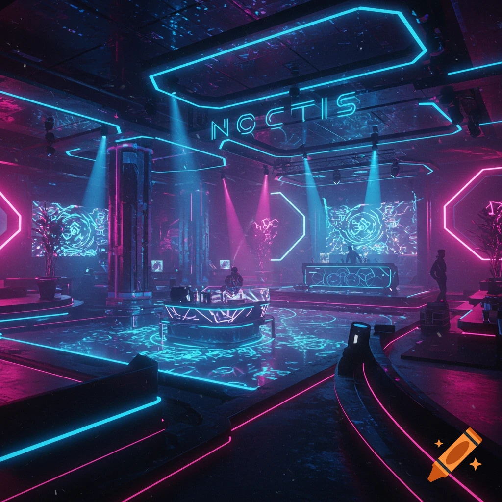 A futuristic cyberpunk club illuminated with vibrant pink and blue neon lights.