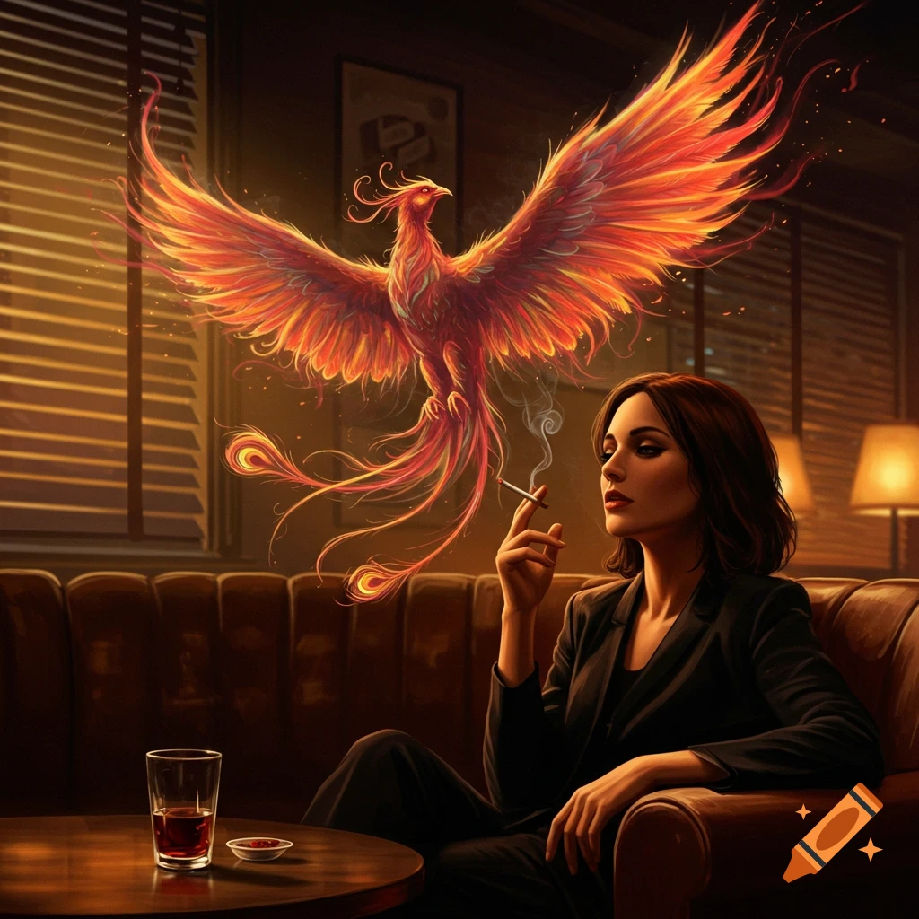 A woman in a dark suit sits on a couch, smoking a cigarette with smoke rising to form a large, fiery phoenix.
