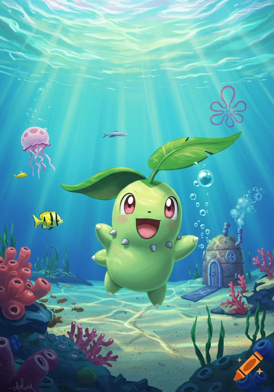 A cute green Chikorita from Pokemon swims happily underwater near a SpongeBob-like house, jellyfish, and coral.